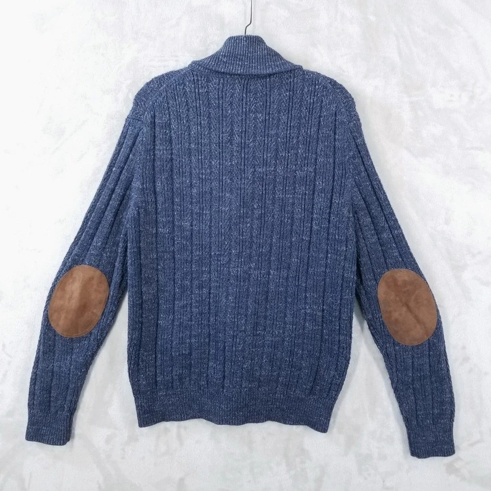 J Crew Mens Shawl Collar Cardigan Sweater Blue Cotton Elbow Patches Size M